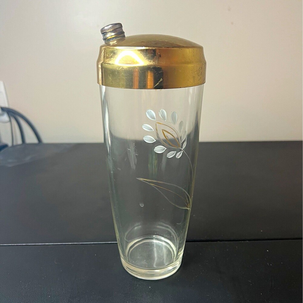 Vintage Glass Cocktail Shaker Gold Brass Top White Gold Wheat Floral 9in